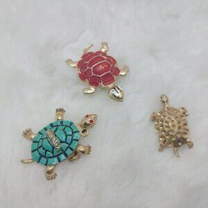Vtg Lot 3 Turtle Brooches Enamel Hobo Tortoise Pins Red Green Gold Foil B2601